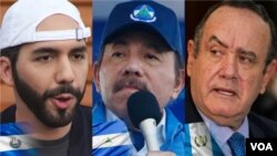 De izquierda a derecha: el presidente de El Salvador, Nayib Bukele, el presidente de Nicaragua, Daniel Ortega y el presidente de Guatemala, Alejandro Giammattei.
