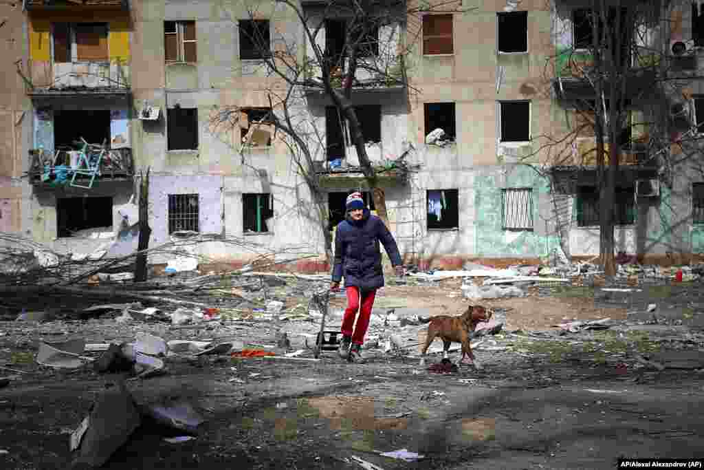 Un hombre camina con su perro cerca de un edificio de apartamentos dañado por los bombardeos de los combates en las afueras de Mariúpol, Ucrania, en el territorio bajo control del gobierno separatista de la República Popular de Donetsk, el martes 29 de marzo de 2022. (AP Foto/Alexei Alexandrov)