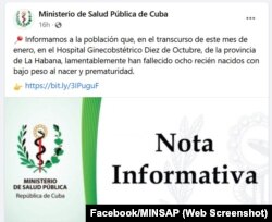 Nota informativa del Ministerio de Salud Pública sobr elos fallecimientos de bebés en hospital de La Habana.