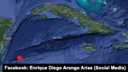 En rojo, la marca del sismo perceptible reportado esta mañana a 600 km al suroeste de la Isla de la Juventud.
