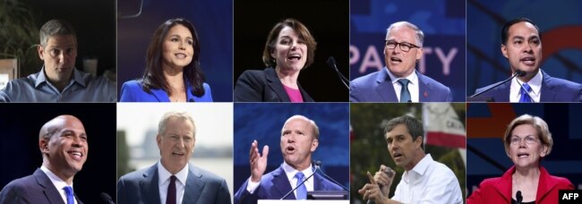 Candidatos demócratas Tim Ryan, Rep. Tulsi Gabbard, Sen. Amy Klobuchar, Gov.Jay Inslee, Julian Castro, Sen.Cory Booker, New York City Mayor Bill de Blasio, former Rep.John Delaney, Beto O'Rourke, y Sen. Elizabeth Warren.