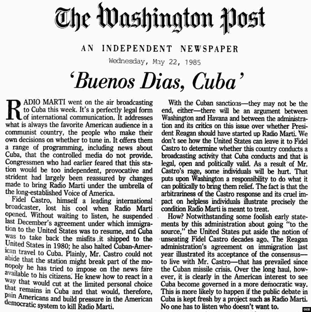 Buenos Días Cuba. Artículo en The Washington Post sobre lanzamiento de Radio Martí. Mayo 22, 1985.