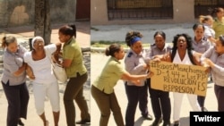 Agentes de la policía política detienen a las Damas de Blanco cuando salen a la calle a manifestarse pacíficamente. 
