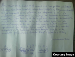 Carta firmada por las presas políticas Lizandra Góngora, María Cristina y Angélica Garrido,