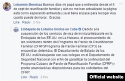 Respuesta de la Embajada de EEUU en Cuba sobre el programa Parole de Reunificación Familiar.
