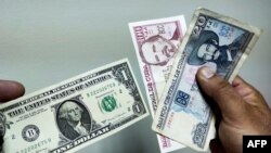 Un hombre muestra dólares estadounidenses y pesos. (YAMIL LAGE / AFP)
