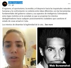 Post de Julio Llopiz-Casal sobre Amelia Calzadilla y los intentos del oficialismo de desacreditarla. (Facebook)