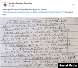 Mensaje de Samuel Pupo Martínez a los padres desde prisión. (Captura de imagen/Facebook)