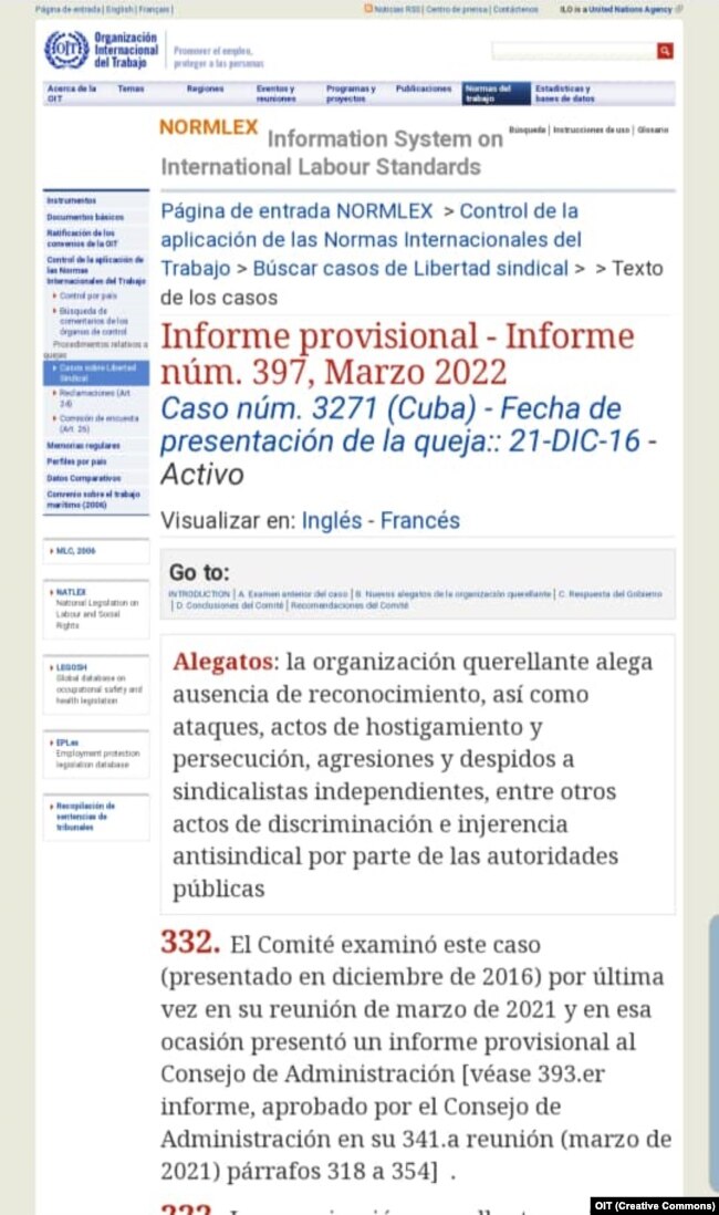 Un documento sobre la querella de la Asociación Sindical Independiente de Cuba en la OIT.