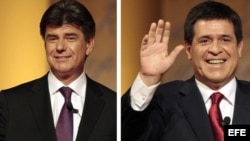 Principales candidatos a la presidencia de Paraguay, Efraín Alegre (i) del Partido Liberal, y Horacio Cortes, del Partido Colorado