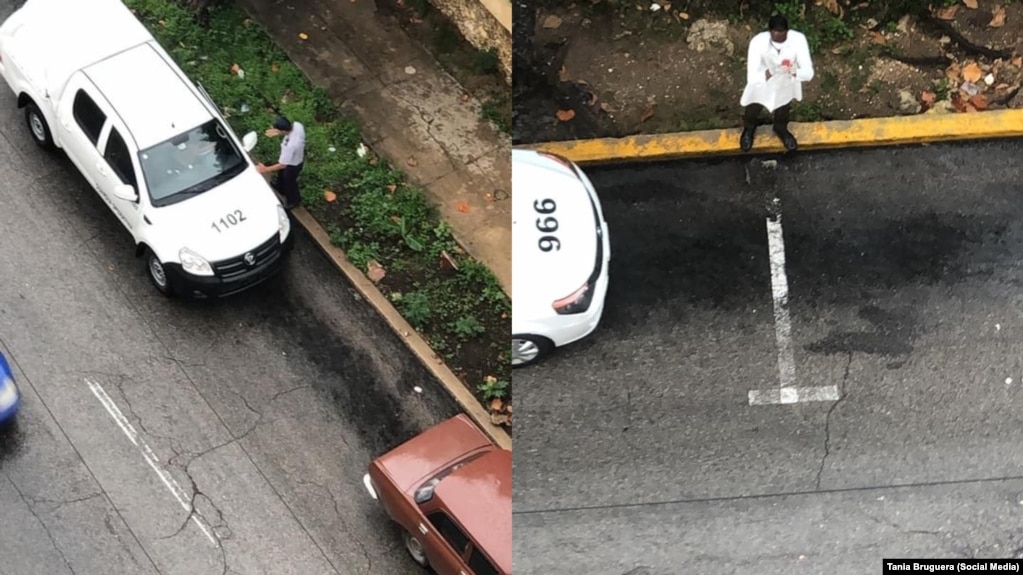 Un individuo vestido de médico toma fotos al garaje de la casa de la artista Tania Bruguera