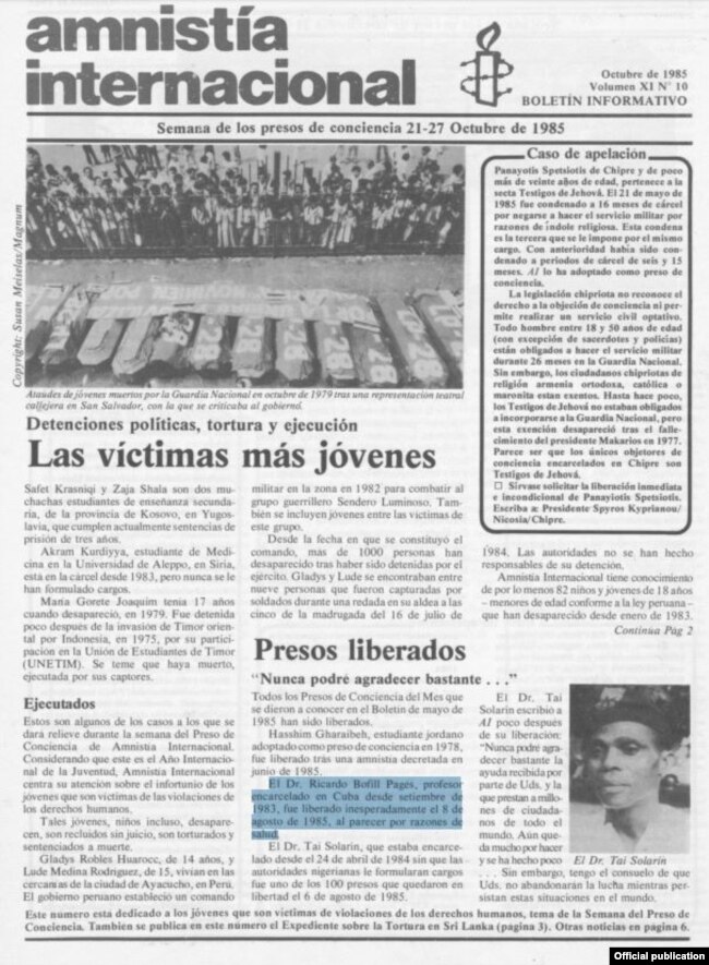 Amnistía Internacional publicó la noticia de la liberación de Ricardo Bofill en 1985.