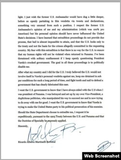 Copia de la carta firmada por Ricardo Martinelli