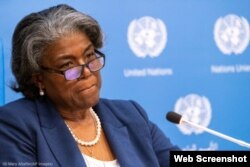 Linda Thomas-Greenfield sentada ante el micrófono, con el telón de fondo de las Naciones Unidas (© Mary Altaffer/AP Images)