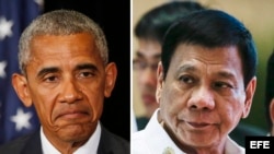 Combo de fotografías que muestran al presidente de Estados Unidos, Barack Obama (i), durante la reunión de líderes del G20 en Hangzhou (China) ayer, 5 de septiembre de 2016, y al presidente de Filipinas, Rodrigo Duterte (d), en la cumbre la Asociación de