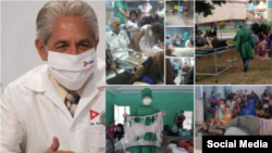Combinación de fotos del doctor Durán, quien ofrece el parte diario sobre impacto de la pandemia en Cuba y fotos de la realidad de los hospitales publicadas en redes sociales.