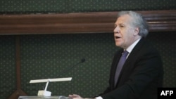 Luis Almagro, secretario general de la OEA, pronunciando un discurso sobre democracia, en un foro en Panamá el 18 de febrero de 2020. (Mauricio Valenzuela/AFP).