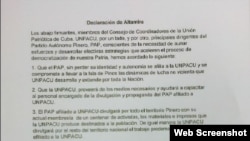 Declaración de Altamira, documento que recoge la alianza entre UNPACU y PAP
