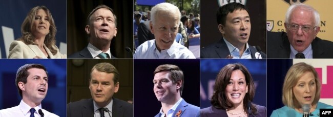 Candidatos demócratas Marianne Williamson, John Hickenlooper, Joe Biden, Andrew Yang, Sen. Bernie Sanders, Pete Buttigieg, Sen. Michael Bennet, Rep. Eric Swalwell, Sen. Kamala Harris, y Sen. Kirsten Gillibrand.