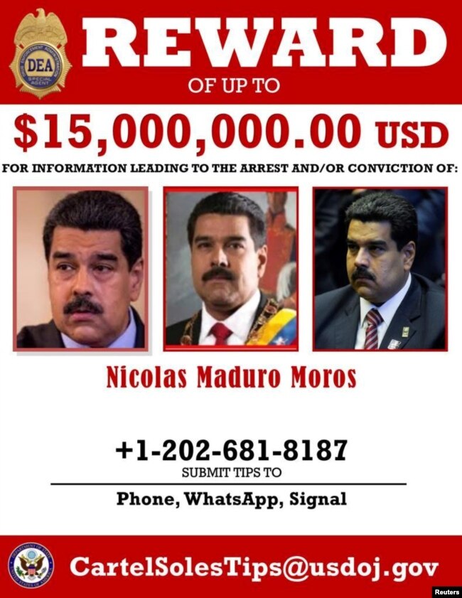 Cartel de la DEA anunciando recompensa por información que conduzca a la captura y enjuiciamiento del gobernante venezolano Nicolás Maduro.