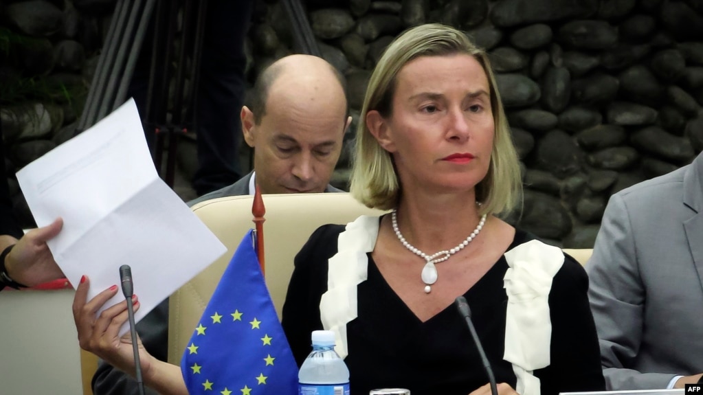 La jefa de la diplomacia de la Unión Europea, Federica Mogherini, la mañana del lunes en el segundo encuentro bilateral UE-Cuba en La Habana (Foto: AFP).