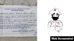 La citación presentada a Raux Rodríguez y el dibujo de un general mambís con la frase "Patria y vida".