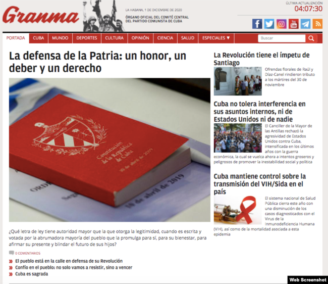 El editorial de Granma fue desplegado en la portada.