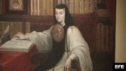 Aspecto de la obra "Sor Juana Inés de la Cruz", del artista Miguel Cabrera.