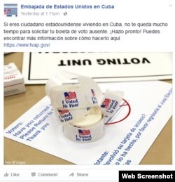 Aviso en la página de Facebook de la Embajada de EEUU en La Habana.