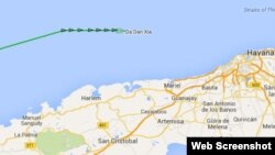 La línea verde al norte de las costas cubanas indica el curso del Da Dan Xia, que lleva a bordo los pertrechos militares descubiertos en Colombia.