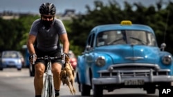 Un ciclista con máscara como medida de precaución contra la propagación del coronavirus lleva un pollo en la mano mientras pedalea su bicicleta en La Habana. (AP Foto/Ramón Espinosa)
