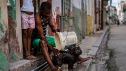 Un hombre baña a su perro en la puerta de su casa en La Habana. (AP Photo/Ramon Espinosa)