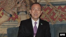 El secretario general de la ONU, Ban Ki-moon, hoy en Madrid