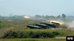 Ejercicio de entrenamiento con misiles llevado a cabo en la Unidad nº 851, en una fotografía con fecha desconocida facilitada por la Agencia de Noticias Central de Corea del Norte