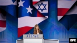 Samantha Power, embajadora de EEUU ante Naciones Unidas, interviene en la conferencia anual del Comité de Relaciones Públicas Americano-Isralíes (AIPAC).
