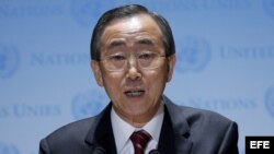 El secretario general de la ONU, Ban Ki-moon en conferencia de prensa en las oficinas principales de las Naciones Unidas, Nueva York.