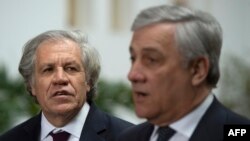 El presidente del Parlamento Europeo, antonio Tajani, y el secretario general de la OEA, Luis Almagro (izq.).