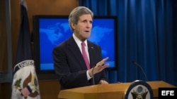 El secretario de Estado estadoundiense, John Kerry durante la presentación del informe anual sobre Derechos Humanos elaborado por el departamento de Estado en una rueda de prensa celebrada en Washington.