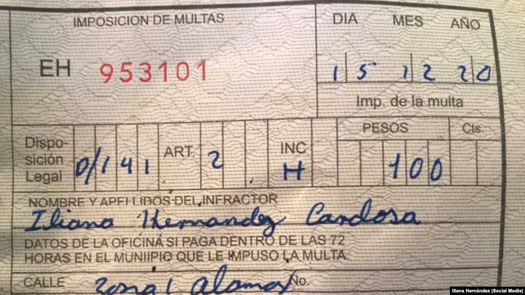 La multa de 100 pesos a la periodista independiente, Iliana Hernández, el 15 de diciembre de 2020.