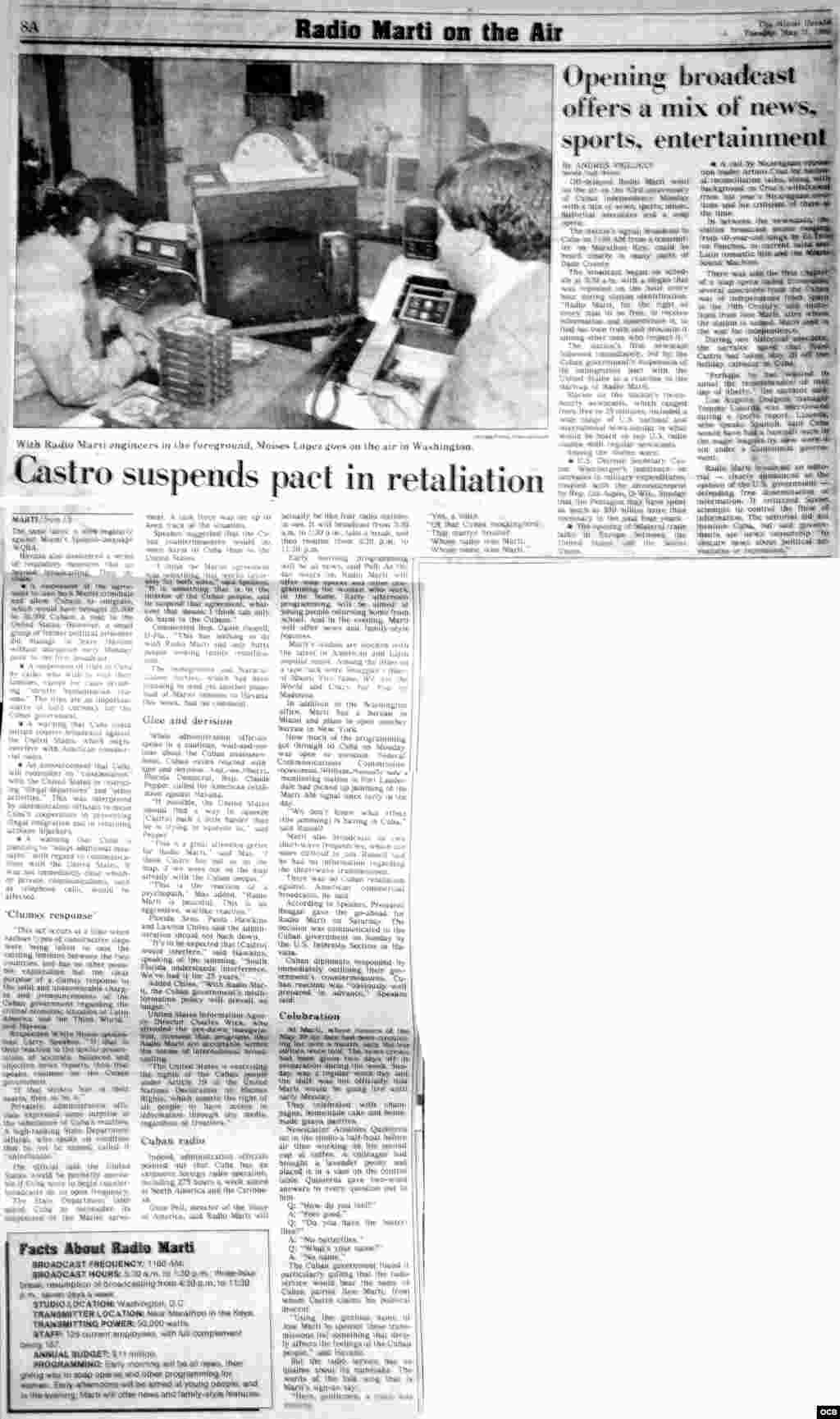 Radio Martí en el aire. The Miami Herald. Mayo 21, 1985.