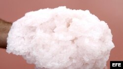 Un trabajador muestra un bloque de flor de sal de las Salinas del Midi, en Aigues-Mortes.