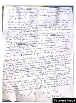 Carta de Yuri Valle desde prisión.