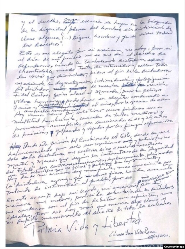 Carta de Yuri Valle desde prisión.