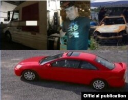 El Honda Civic rojo de Rodríguez Sariol (abajo), captado por una cámara de vigilancia. Fue encontrado quemado en la I-66 (arriba, der.)