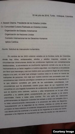 La carta enviada a Obama por los migrantes cubanos varados en Turbo. (Facebook Martí Noticias)