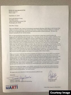 Copia de la carta enviada a la Primera Dama, Melania Trump